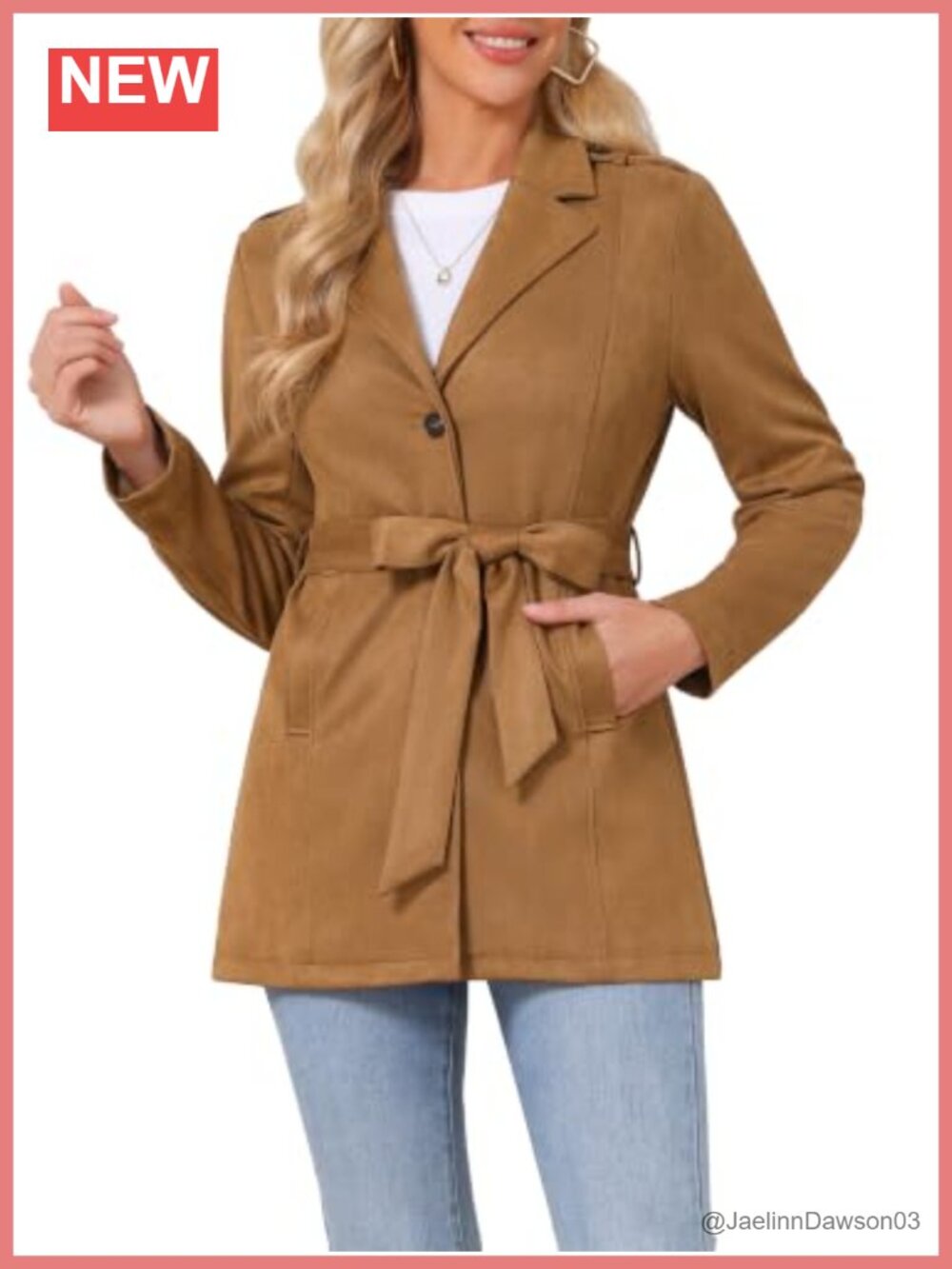 Faux Suede Jacket Women Lapel Belted Work Coat with Pockets